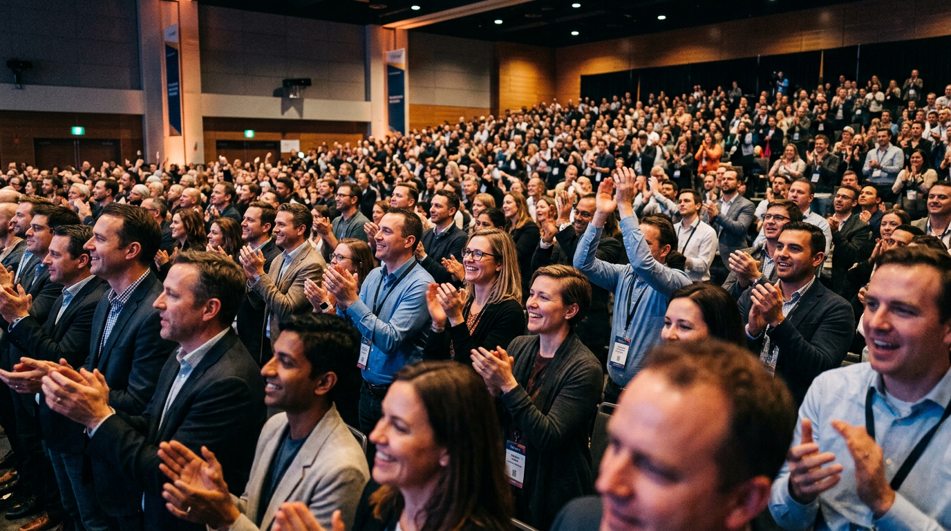 Large audience of professionals standing and applauding at a conference hall