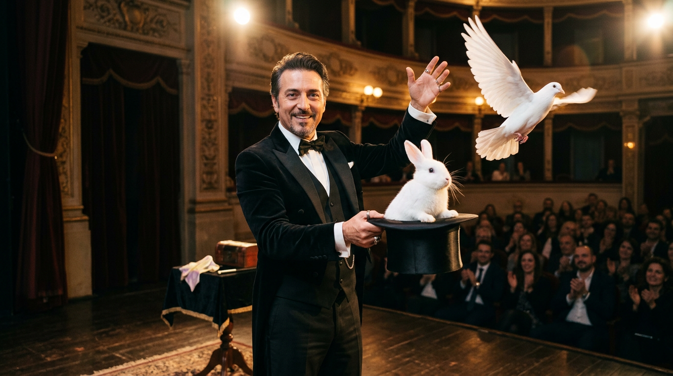 Magician holding a top hat with a white rabbit inside while a white dove flies away on stage