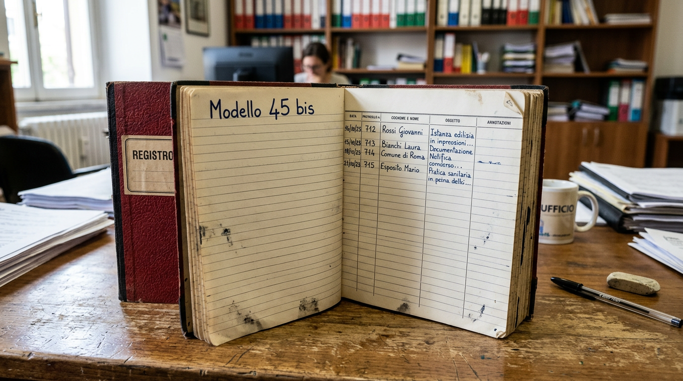 Open logbook titled Modello 45 bis with handwritten names and notes on right page