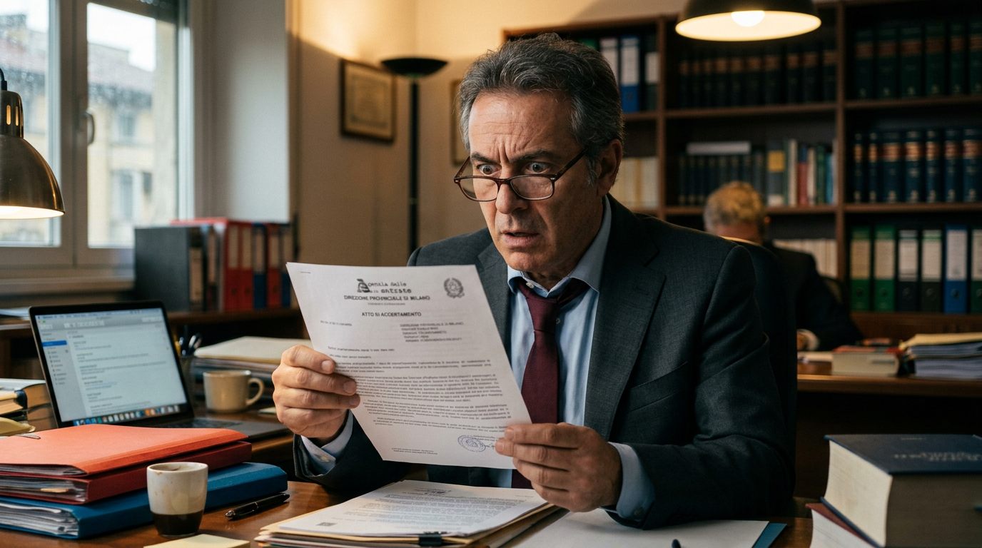 Man in suit shocked reading legal document at desk with files and laptop