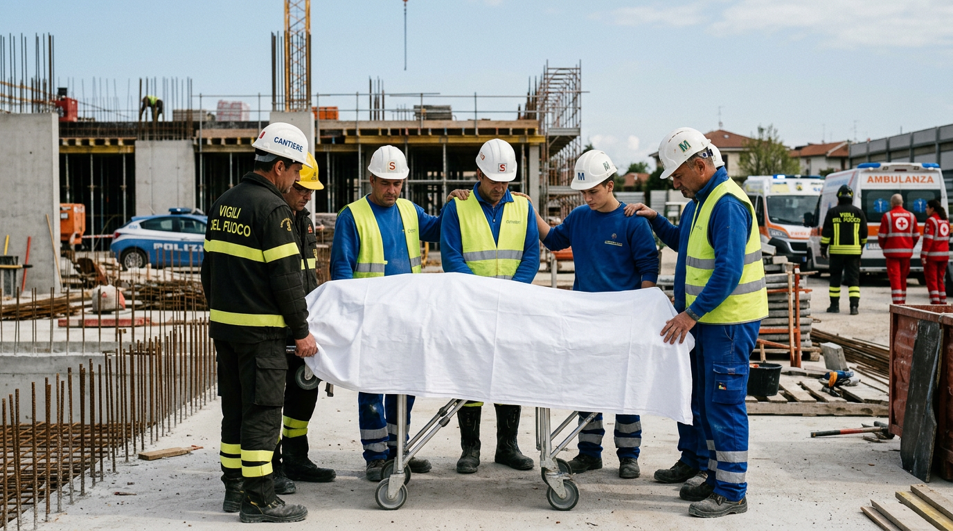 Construction workers and emergency responders standing around a covered stretcher at a construction site