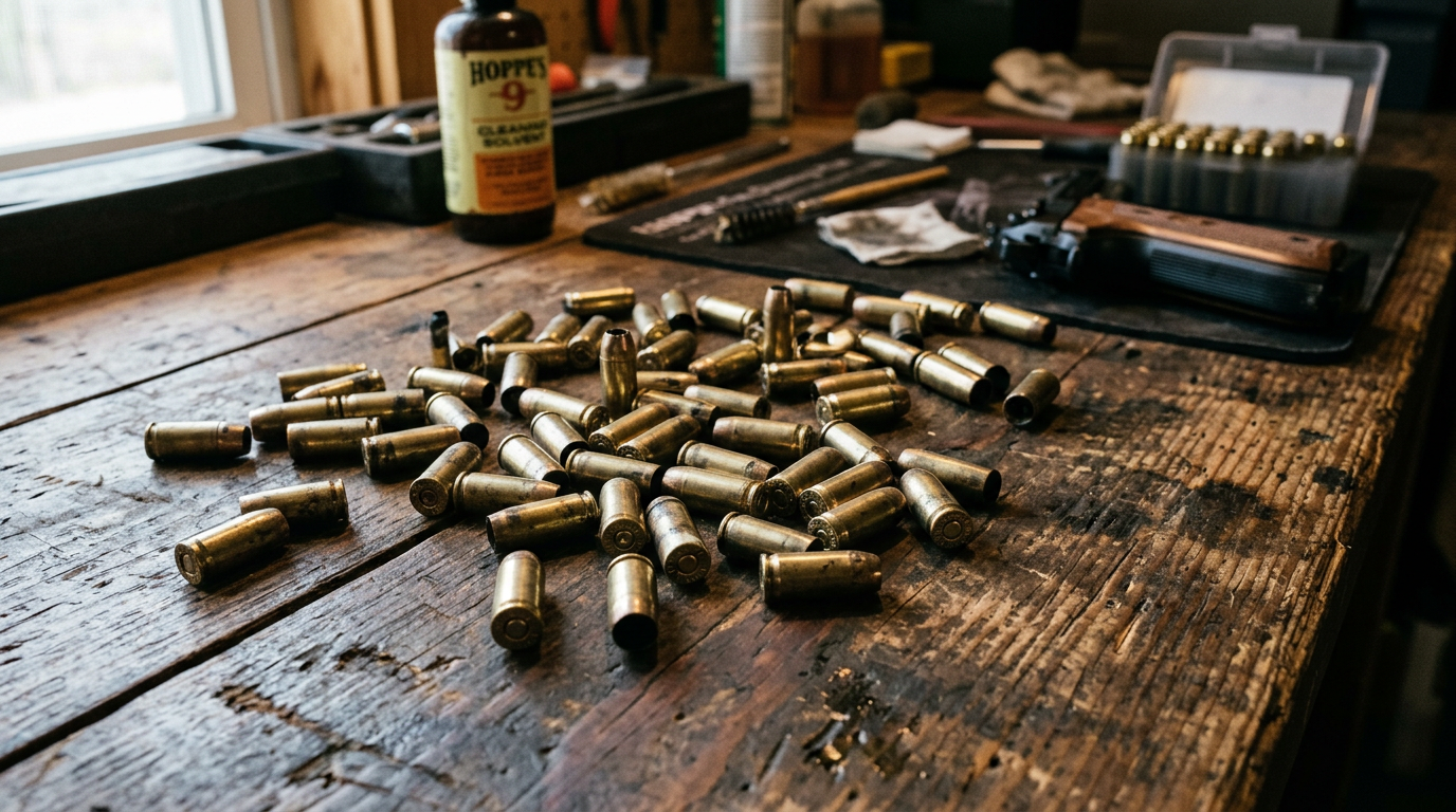 Spent bullet casings and handgun parts on a wooden workbench with cleaning supplies