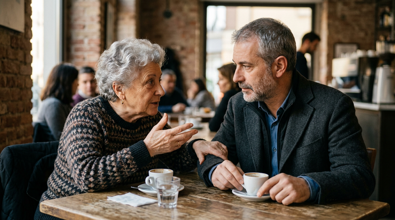 An elderly woman talking to a middle-aged man while sitting at a café table with coffee cups