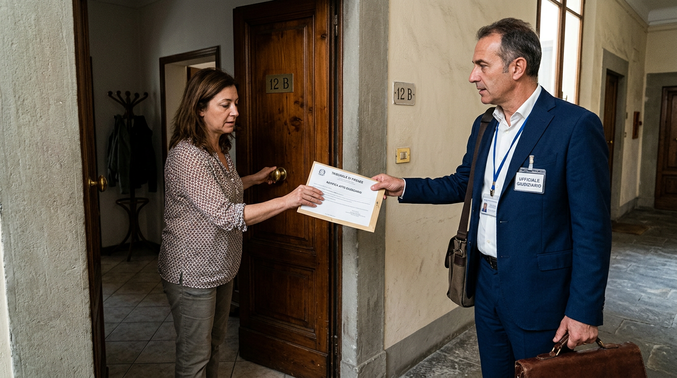 Judicial officer delivering a legal document to a woman at door 12B