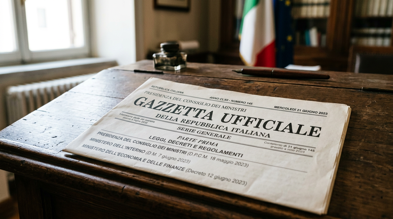 Gazzetta Ufficiale della Repubblica Italiana newspaper on wooden desk