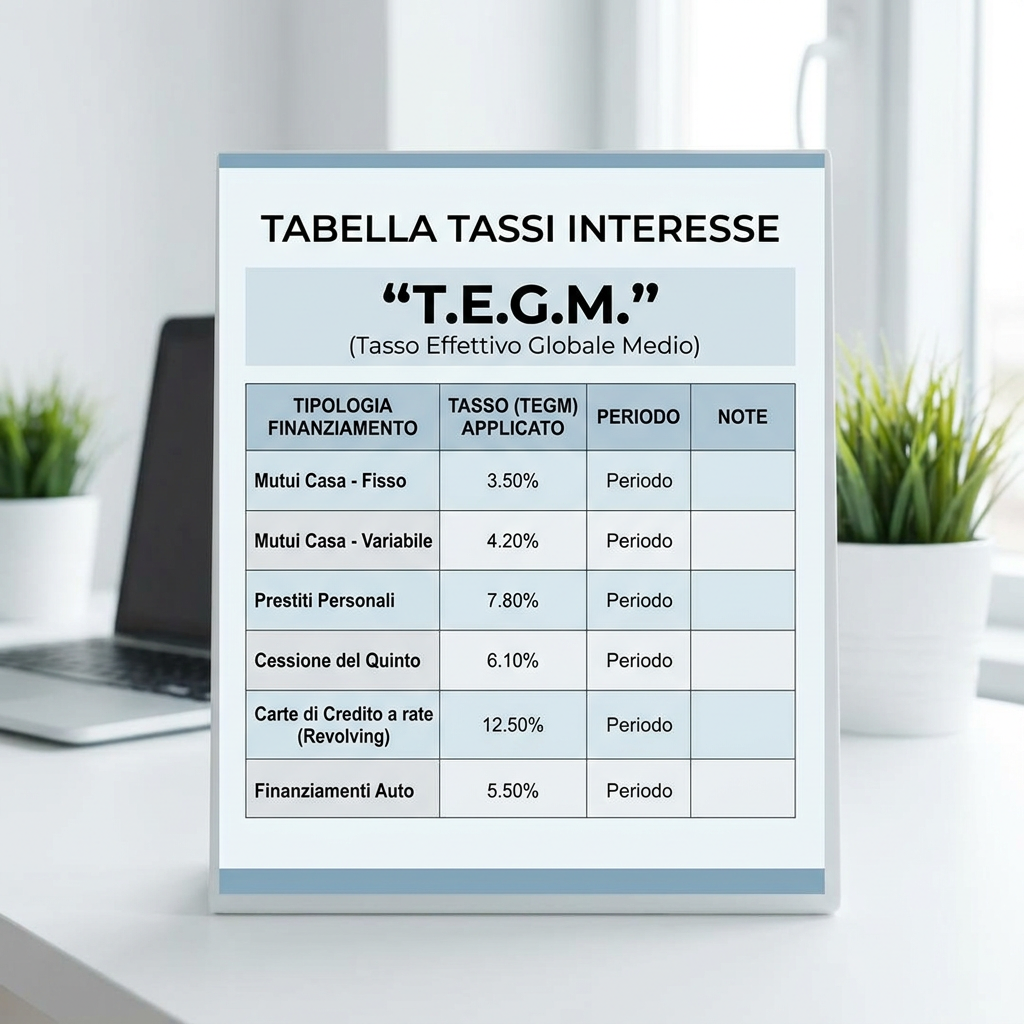 Table listing different financing types with their applied TEGM rates, periods, and notes