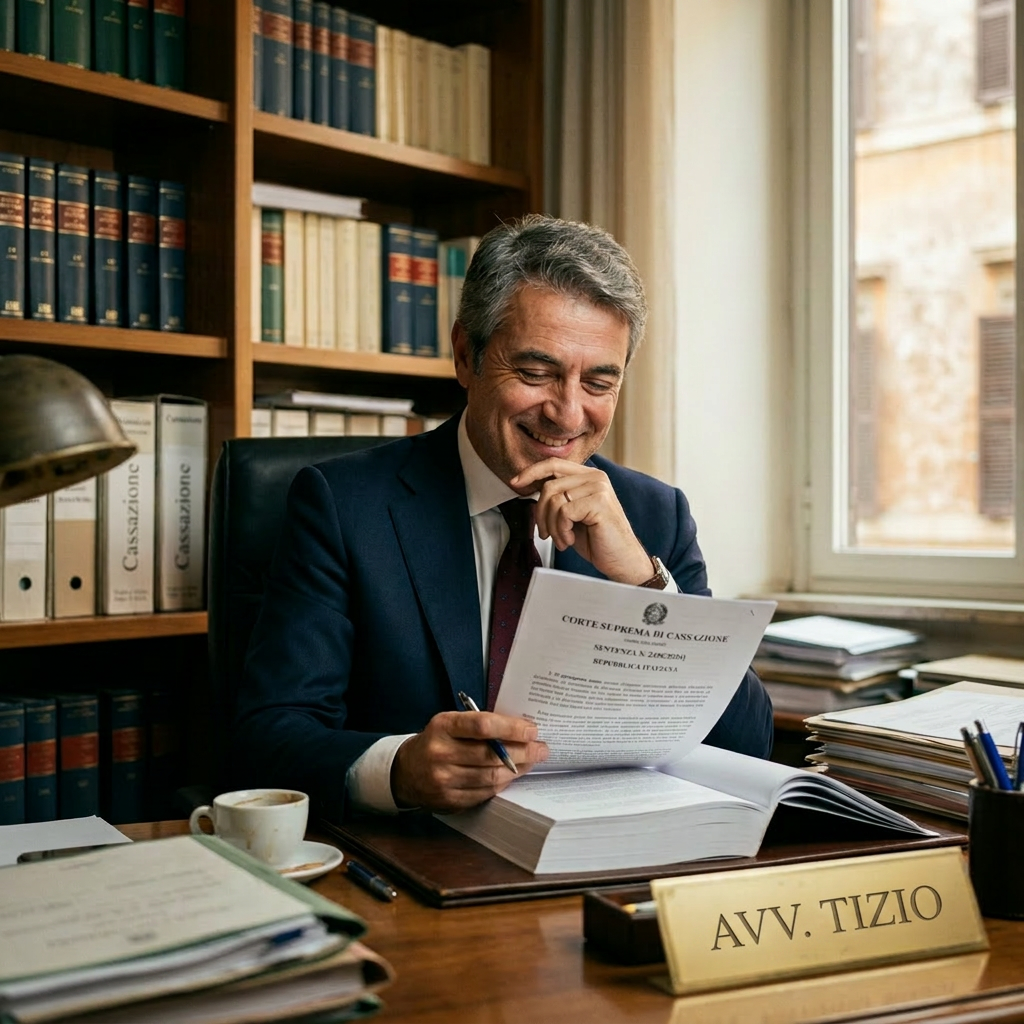 Lawyer in suit reading a legal document at his desk with bookshelves behind