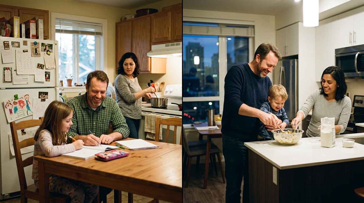 Father helping daughter with homework while mother cooks, and parents and toddler baking together in kitchen