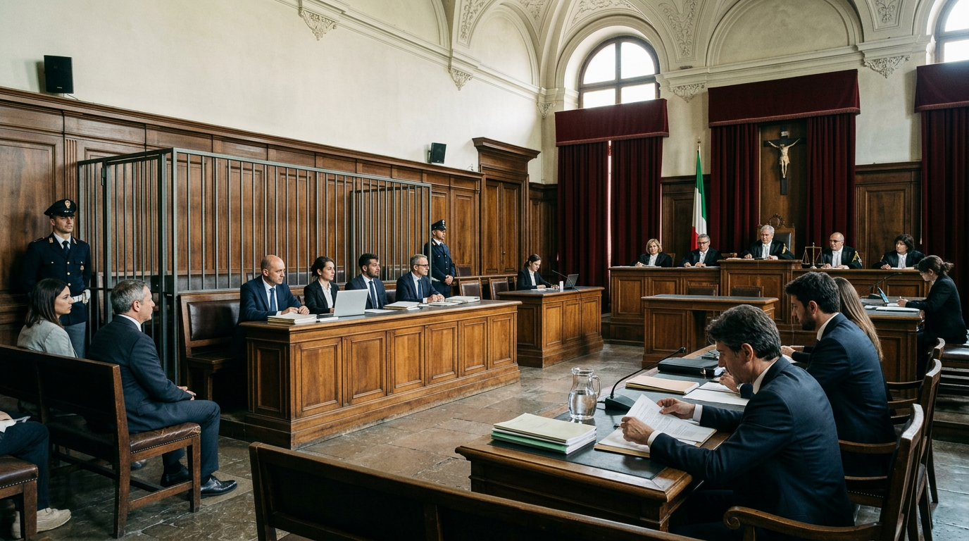 Empty Italian courtroom with wooden benches, judge's desk, and metal defendant cage
