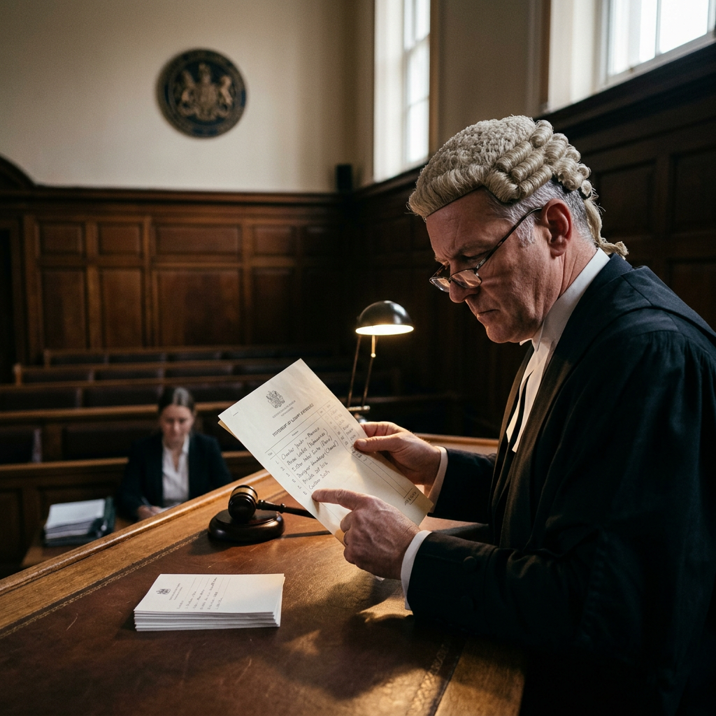 Barrister wearing wig and gown reading legal documents in courtroom