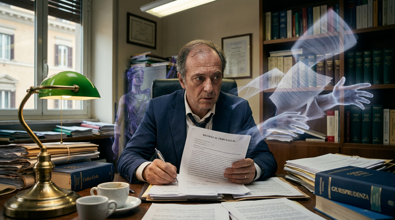 Stressed lawyer sitting at desk with stacks of legal books and papers, holding a document