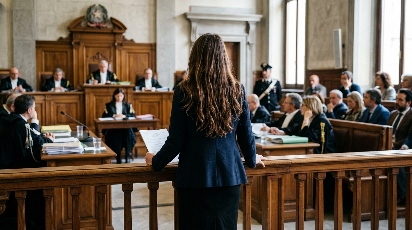 Lawyer standing and holding papers in a courtroom addressing judges and attendees