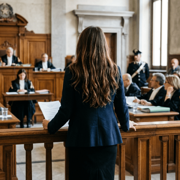 Lawyer standing and holding papers in a courtroom addressing judges and attendees