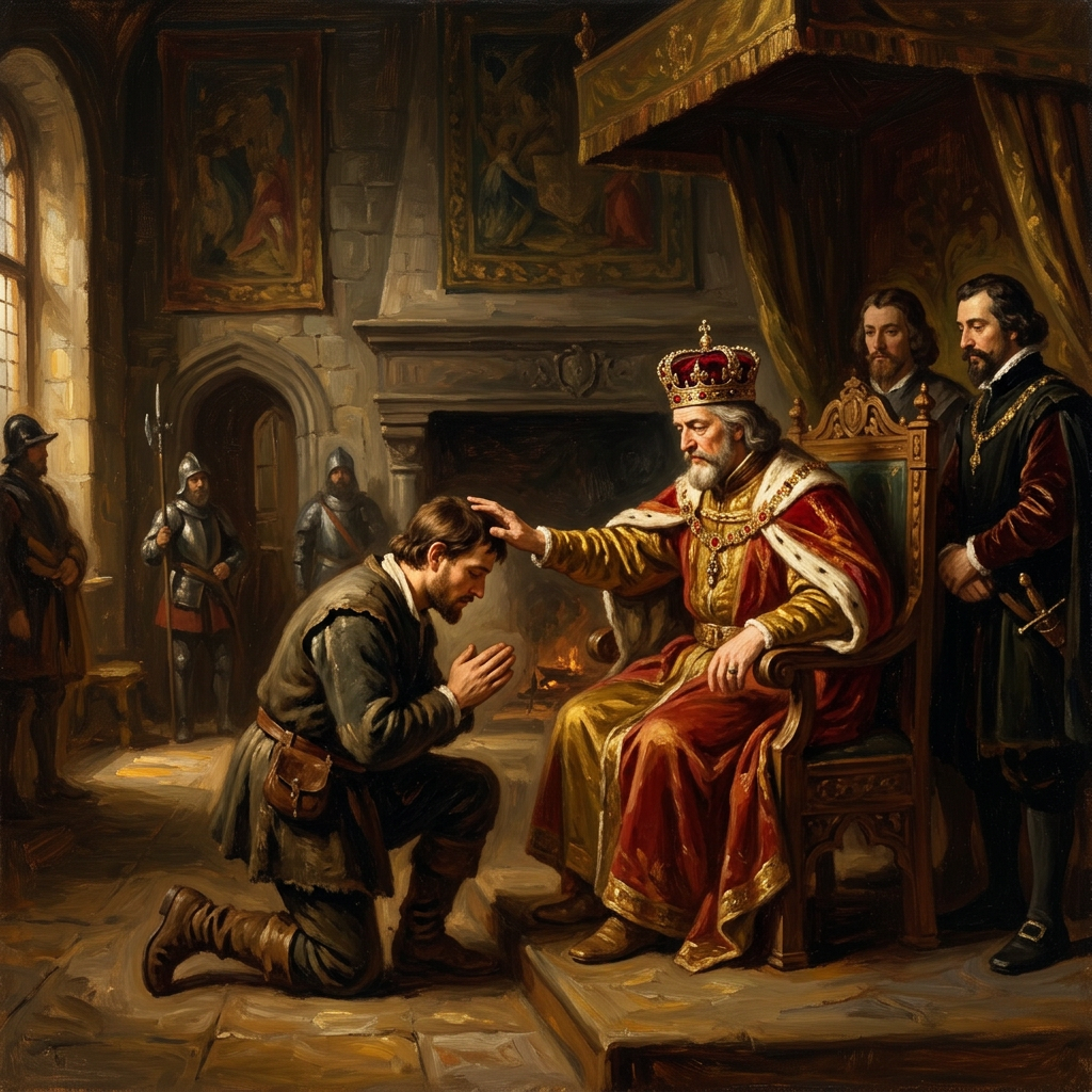 King placing hand on kneeling man's head during knighting ceremony