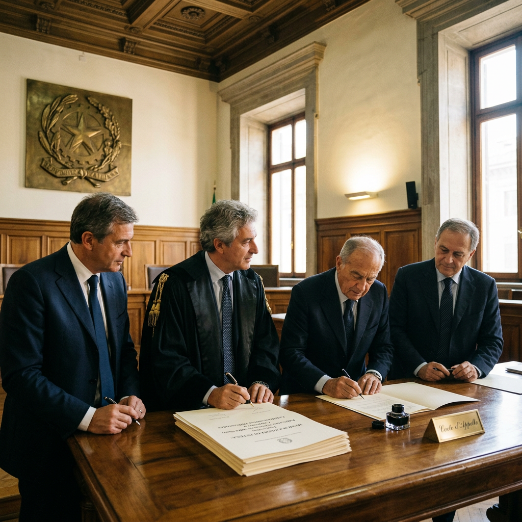 Four men in formal attire signing documents on a wooden table in an official courtroom setting