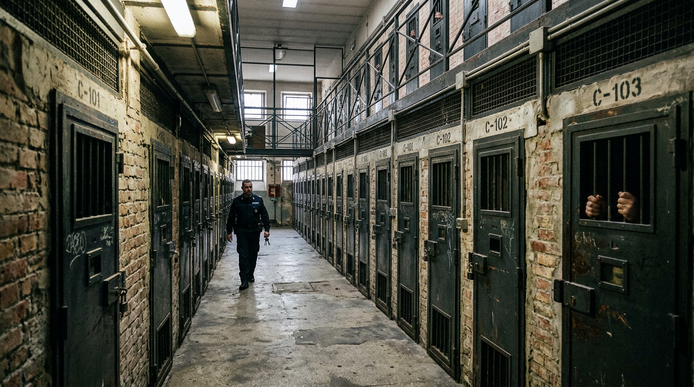 Corridor of prison cells with a guard walking and hands gripping bars in one cell