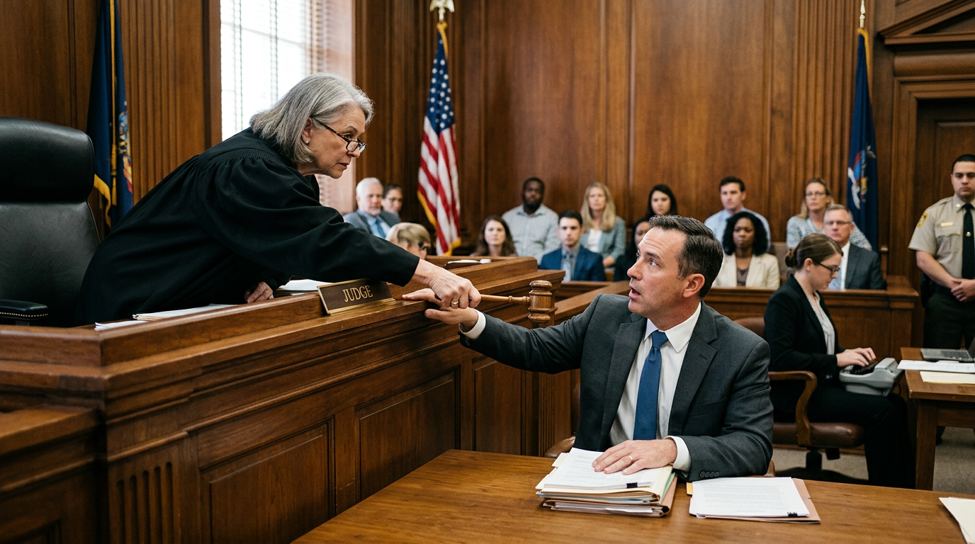 Judge in black robe shaking hands with a seated attorney in courtroom