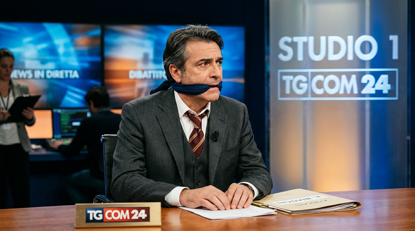 News anchor gagged and seated at newsroom desk with folders