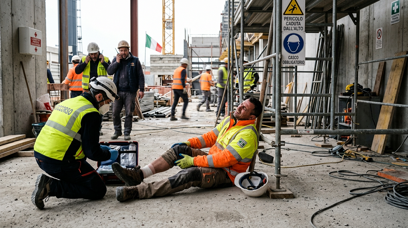 Injured construction worker receiving medical attention at a building site