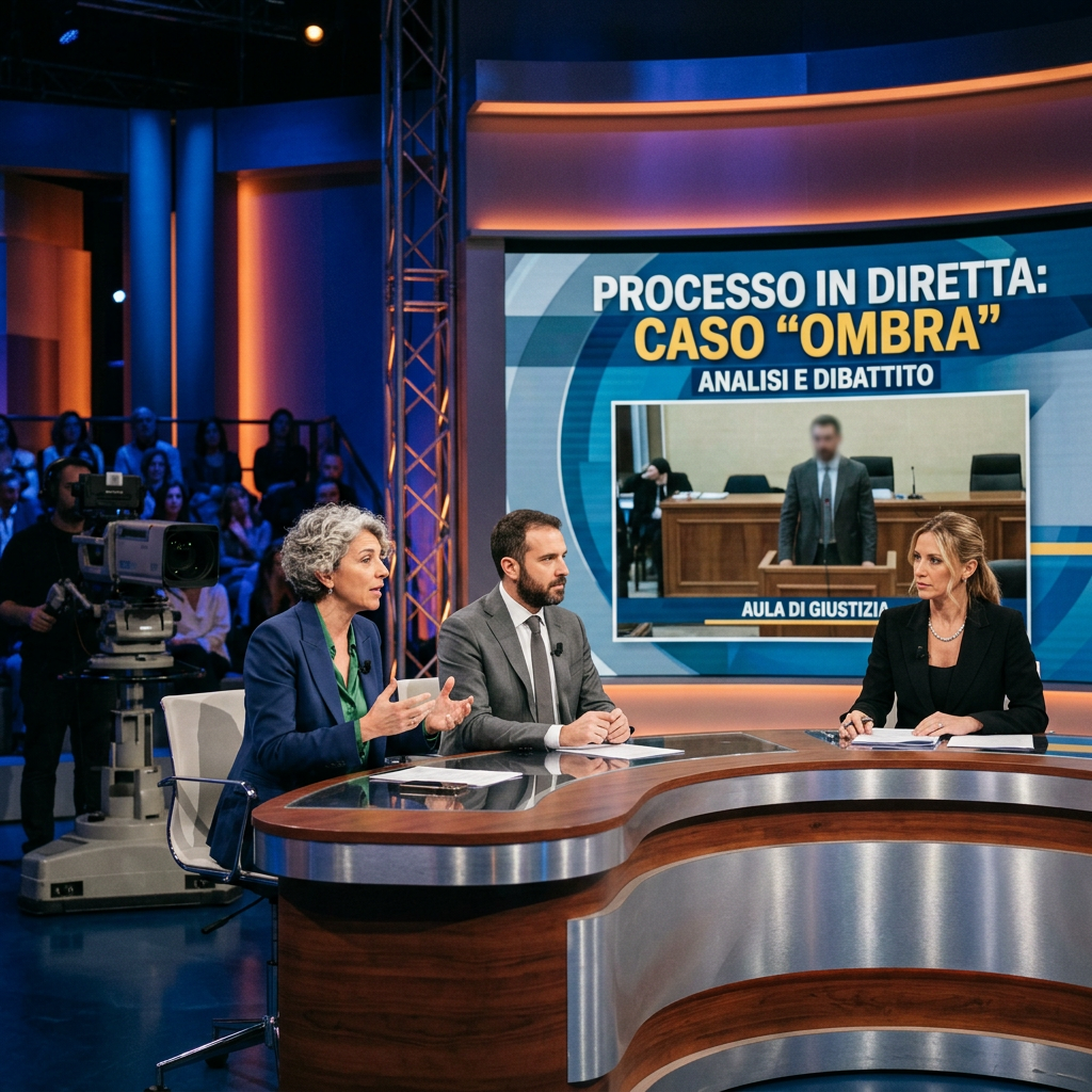 Three panelists engaged in a live discussion about the 'Caso Ombra' legal case on Italian television