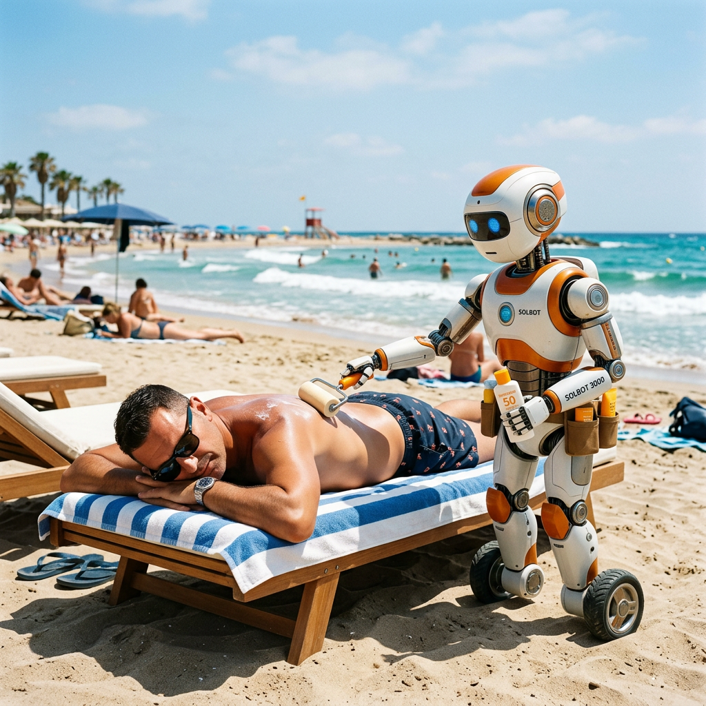 Robot applying sunscreen on man's back while he lies on a beach chair