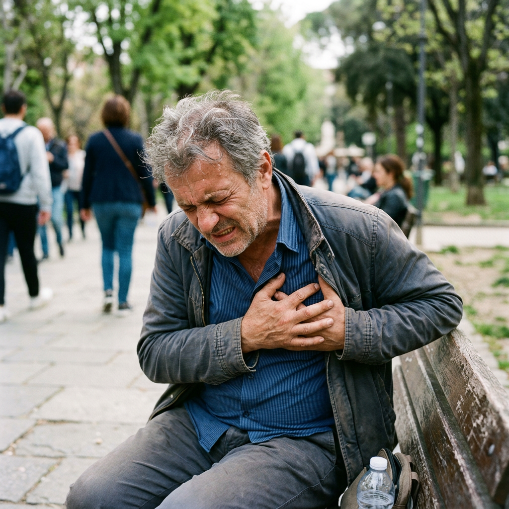 Man sitting on a bench outdoors clutching chest with a pained expression
