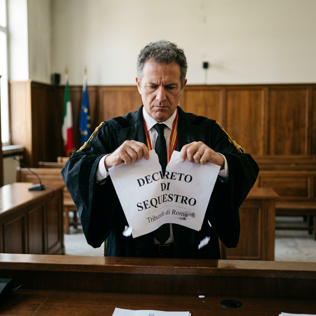 Judge tearing a document titled Decreto di Sequestro in courtroom