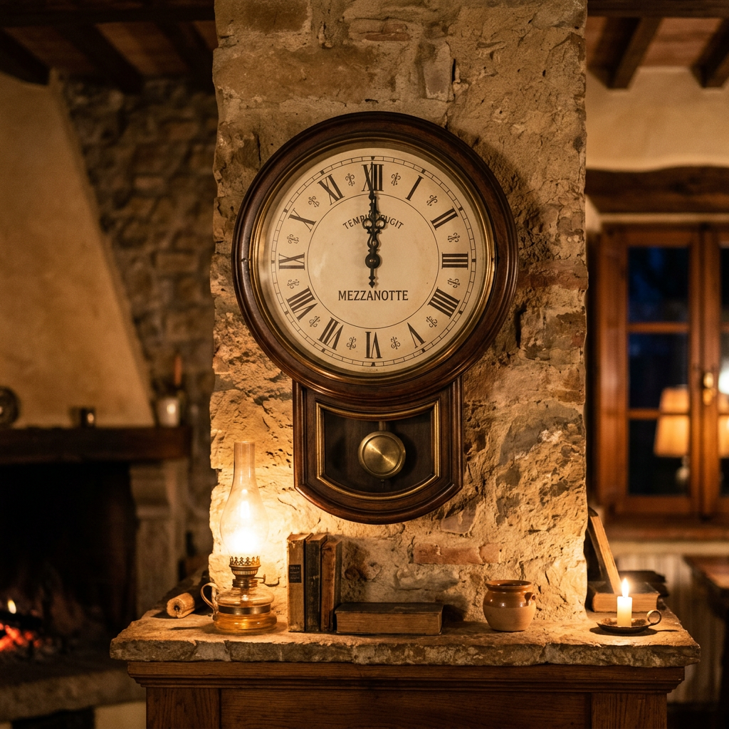 Antique wall clock showing twelve o'clock on a stone wall above a mantle with books, a candle, and an oil lamp