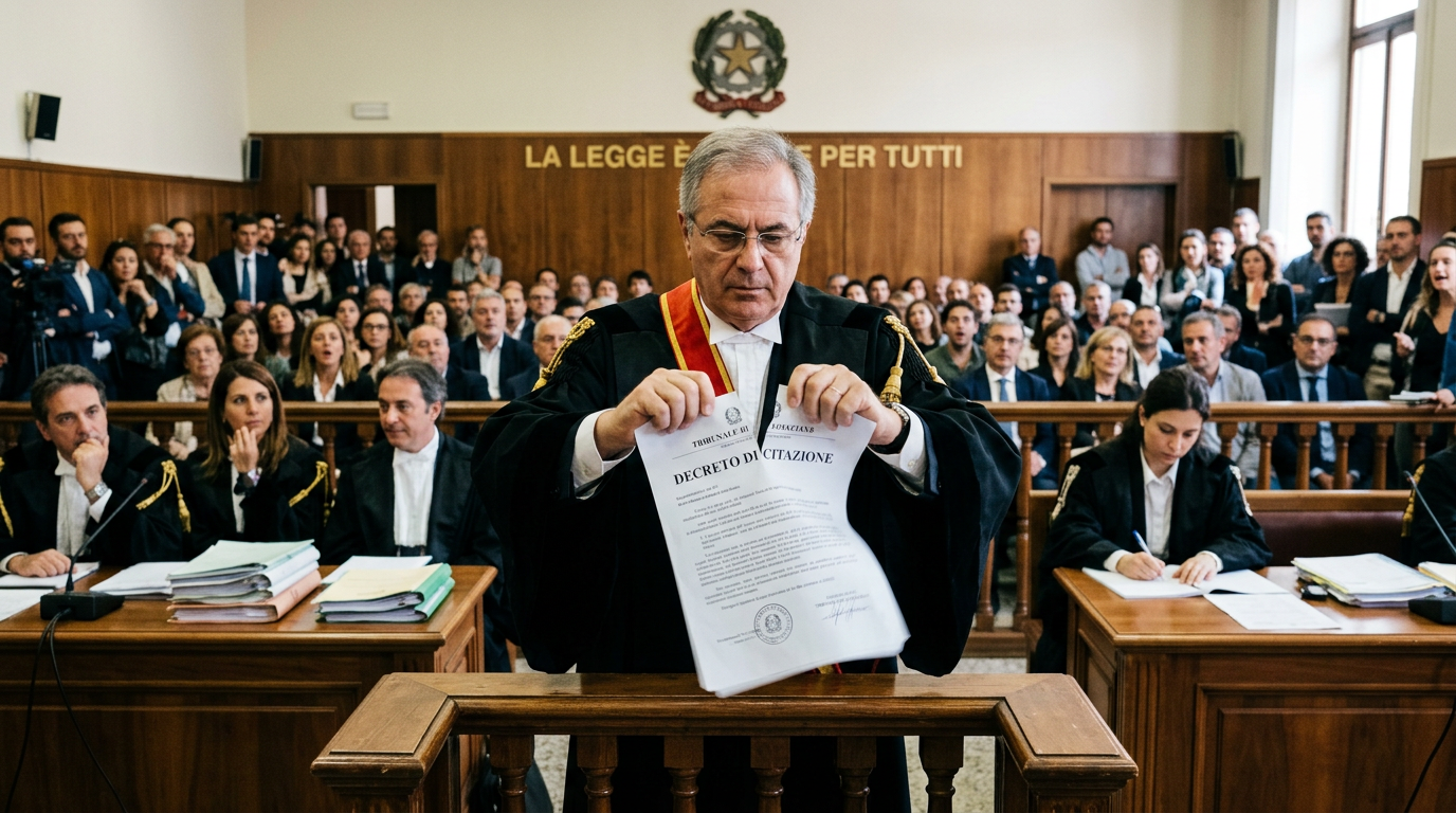 Judge tearing a legal decree paper in a crowded courtroom