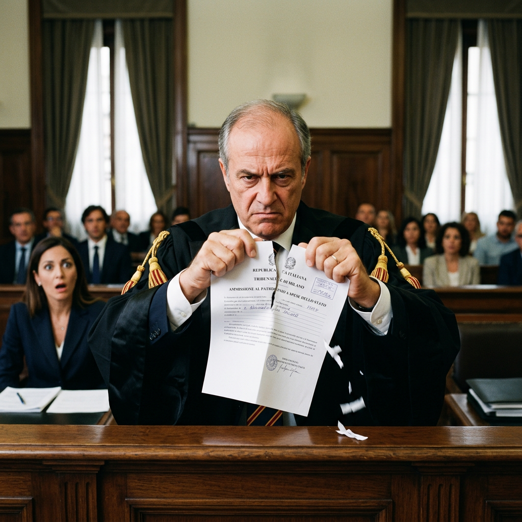 Judge tearing admission document in courtroom with surprised audience