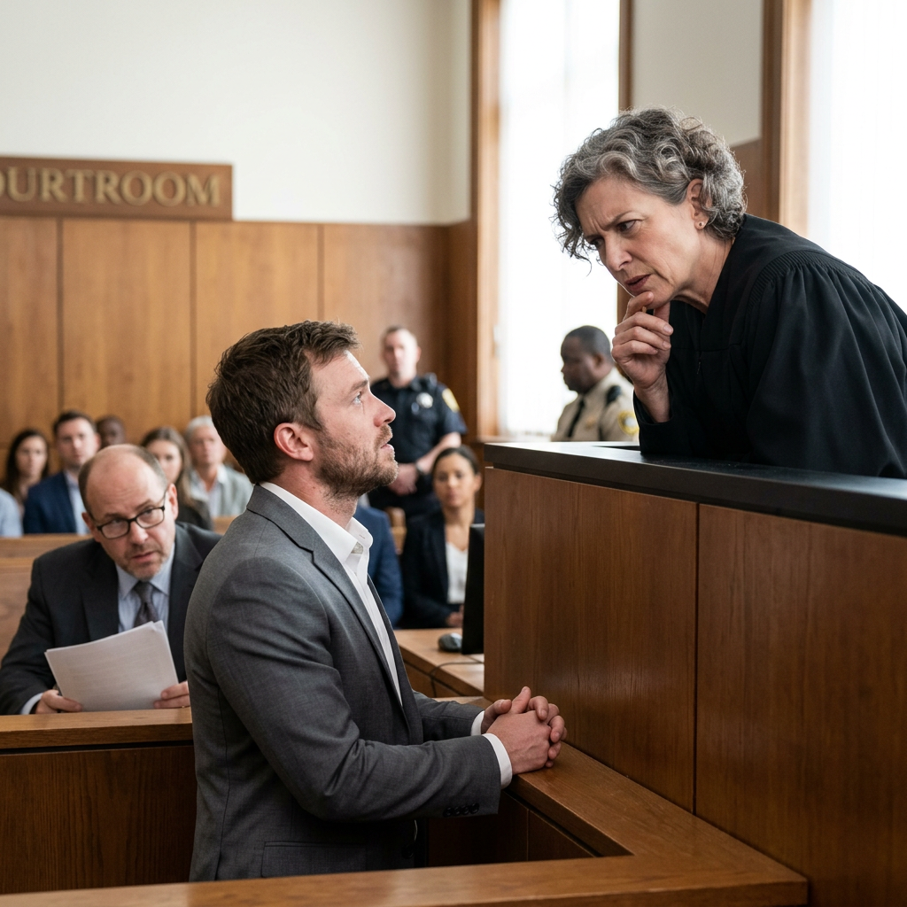 Judge inquisitively speaking to a defendant in a courtroom