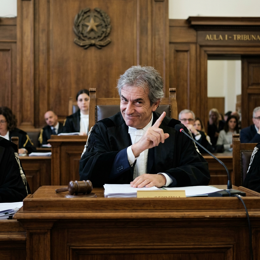 Judge in robe raising index finger in courtroom with gavel and documents