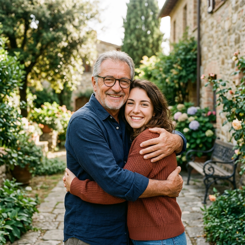 Grandfather and granddaughter hugging in a garden with greenery and stone pathway