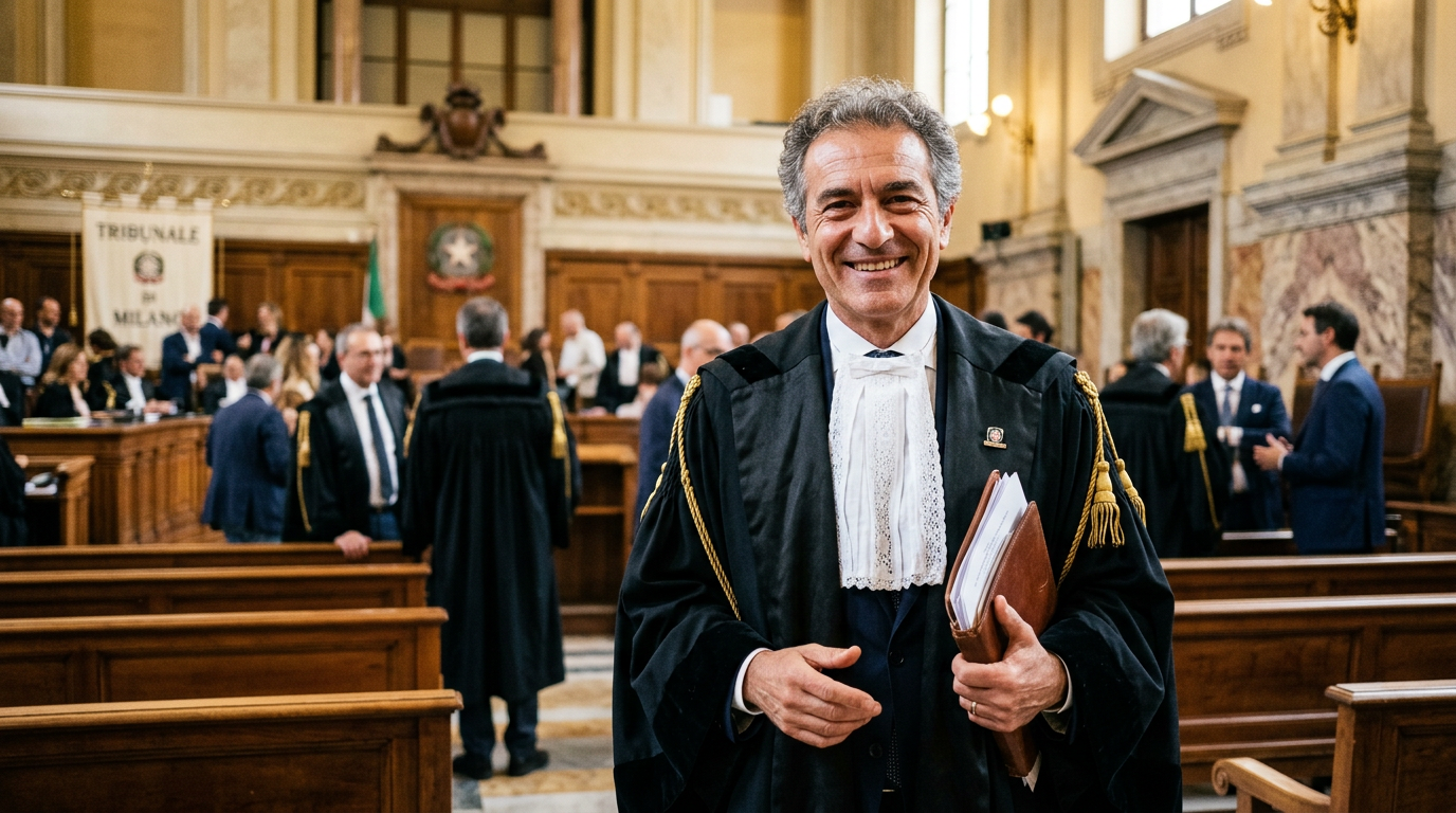 Judge in traditional judicial robes holding legal documents in Milan courtroom