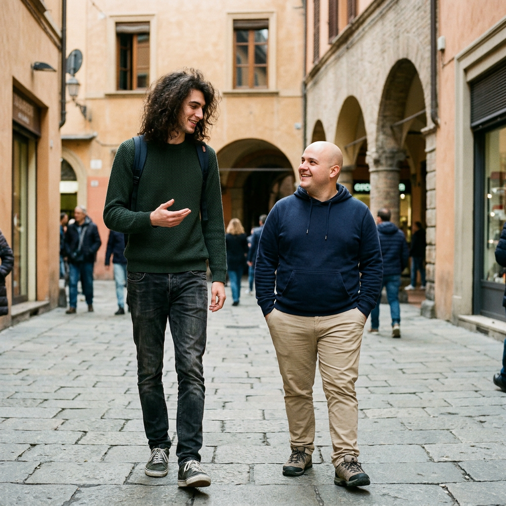 Two men walking and talking on a cobblestone street in a city with historic buildings