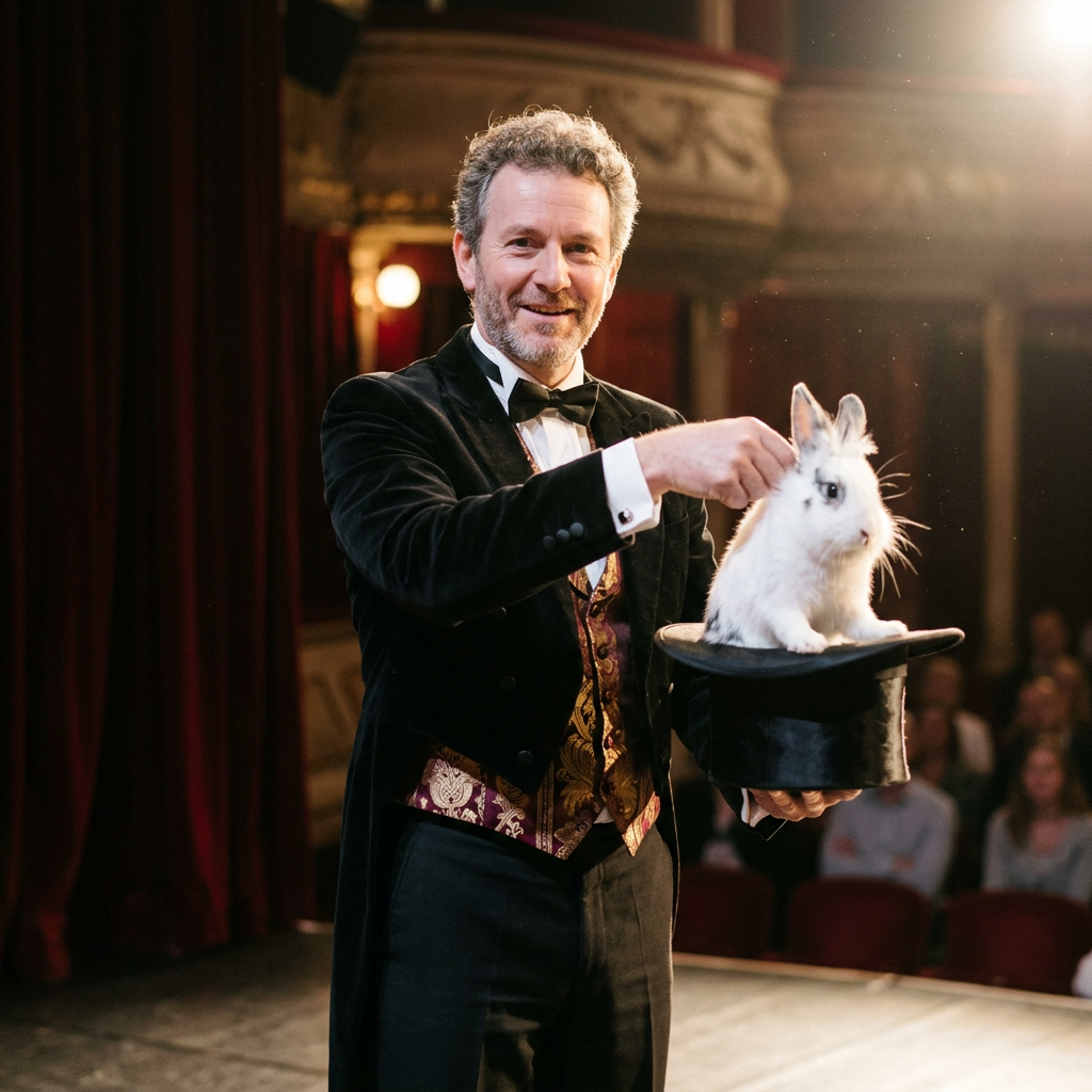 Magician in tuxedo holding a top hat with a white rabbit inside on stage