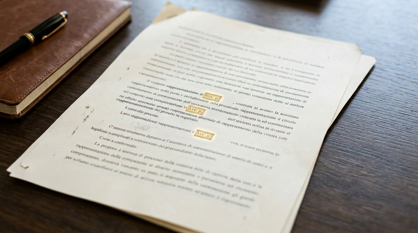Stack of typed legal papers with a brown leather notebook and black pen on wooden desk