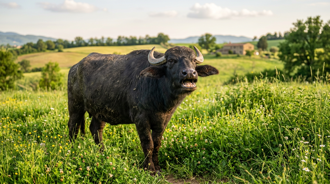 Water buffalo standing in a grassy meadow with wildflowers