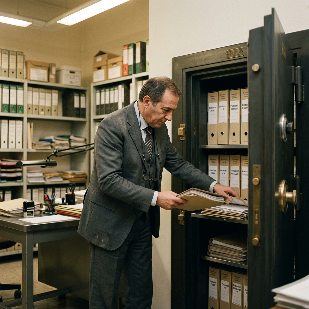 Man in suit taking files from a locked archive cabinet in an office