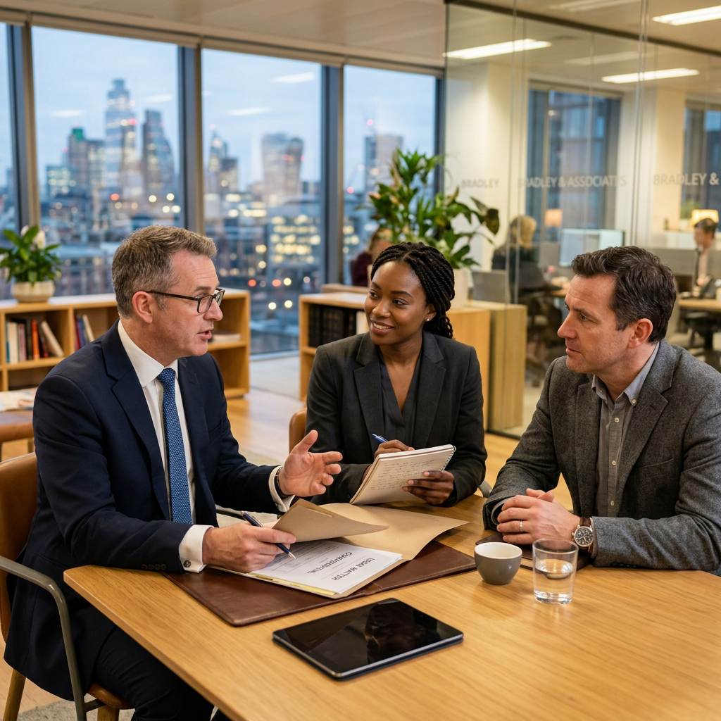 Three business colleagues discussing a contract document at a meeting table