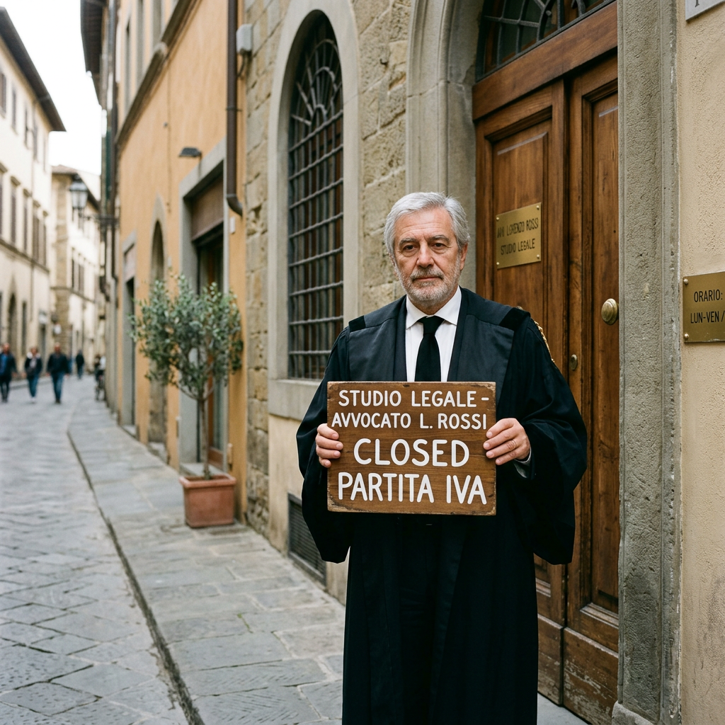 Older lawyer in black robe holding closed sign in Italian outside stone building