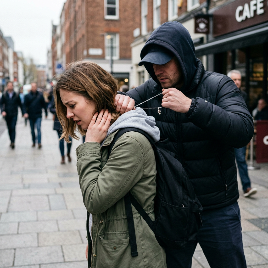 A man in a black hooded jacket and cap taking a necklace from a woman who looks distressed