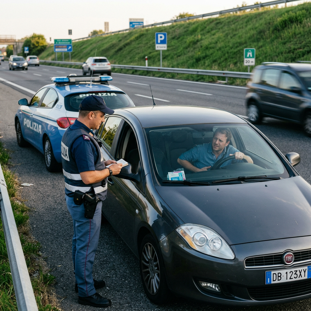 Italian police officer checking documents of a driver stopped on a highway