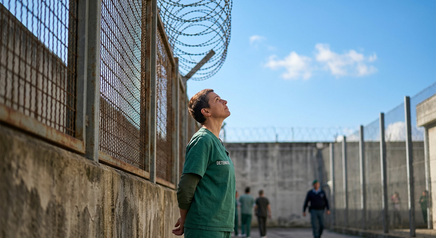 Prisoner in green uniform standing next to barbed wire fence in prison yard