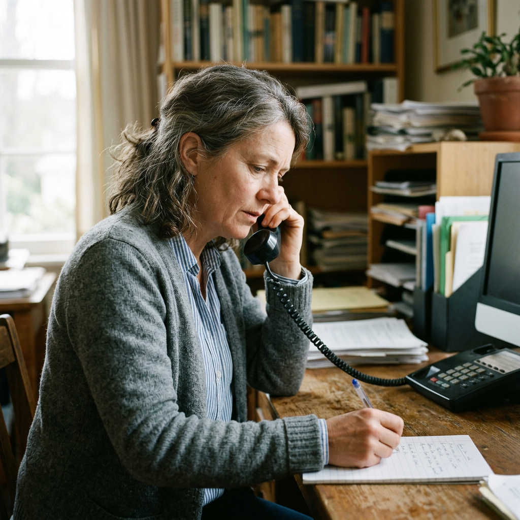 Woman talking on a landline phone while writing on paper at desk