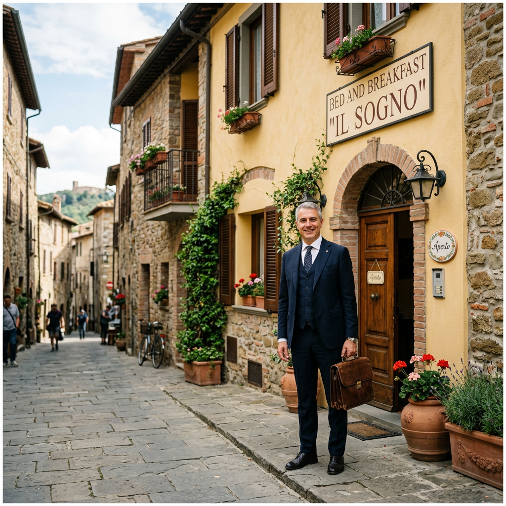 Man in suit holding briefcase standing at entrance of Il Sogno Bed and Breakfast