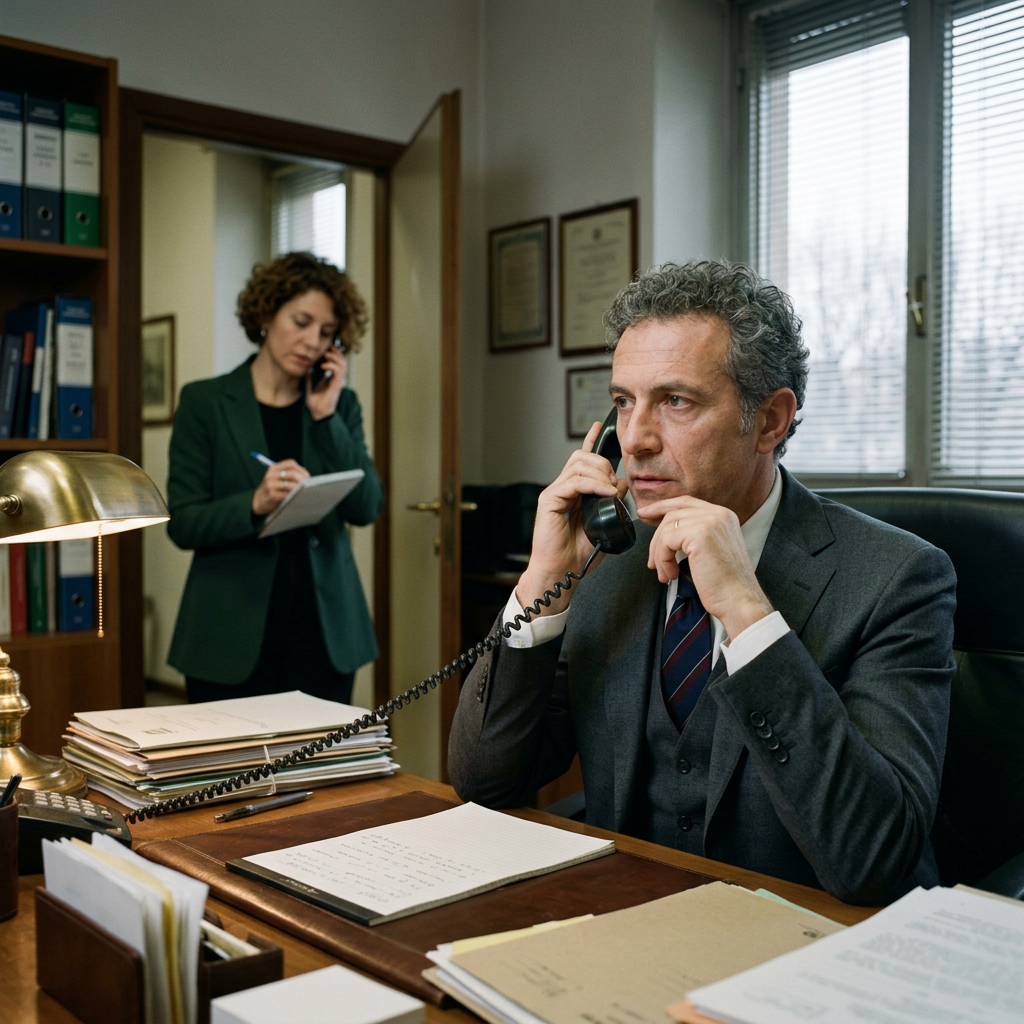 Man on phone at desk with papers and woman writing notes in background