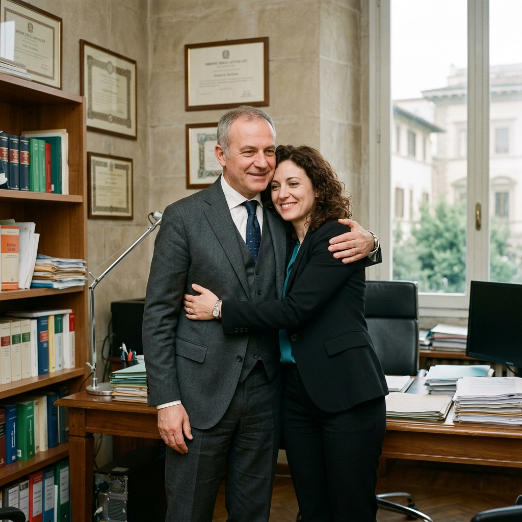 Two professionals hugging in an office with framed certificates and bookshelves