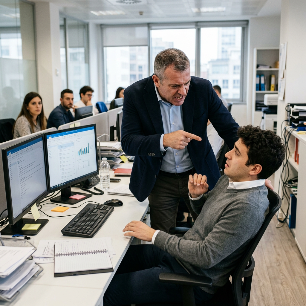 Manager pointing and yelling at seated employee in office