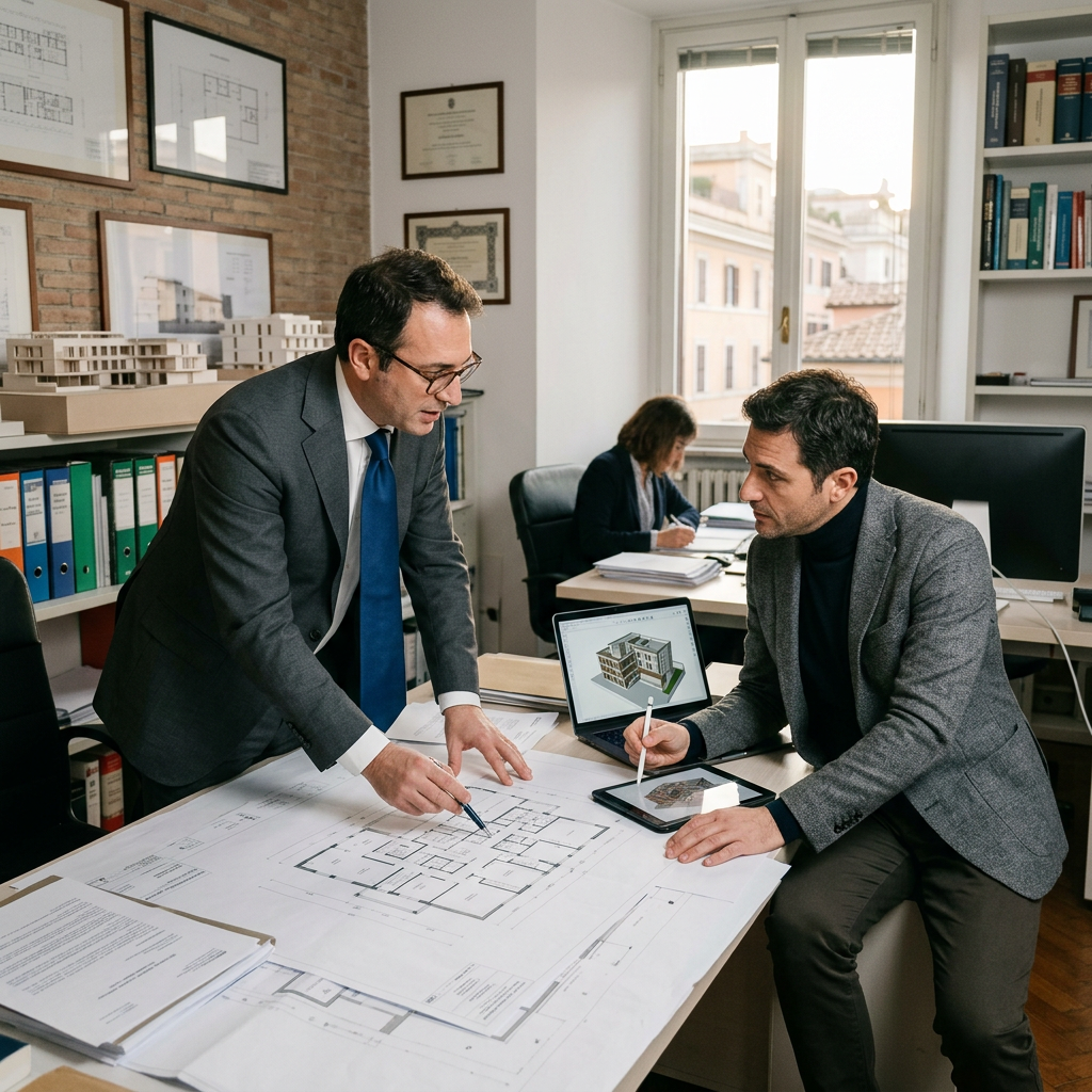 Two men in an office reviewing architectural floor plans and 3D building models